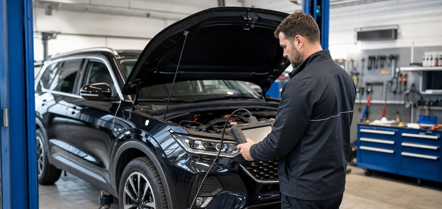 T&eacute;cnico realizando diagn&oacute;stico eletr&ocirc;nico em um SUV