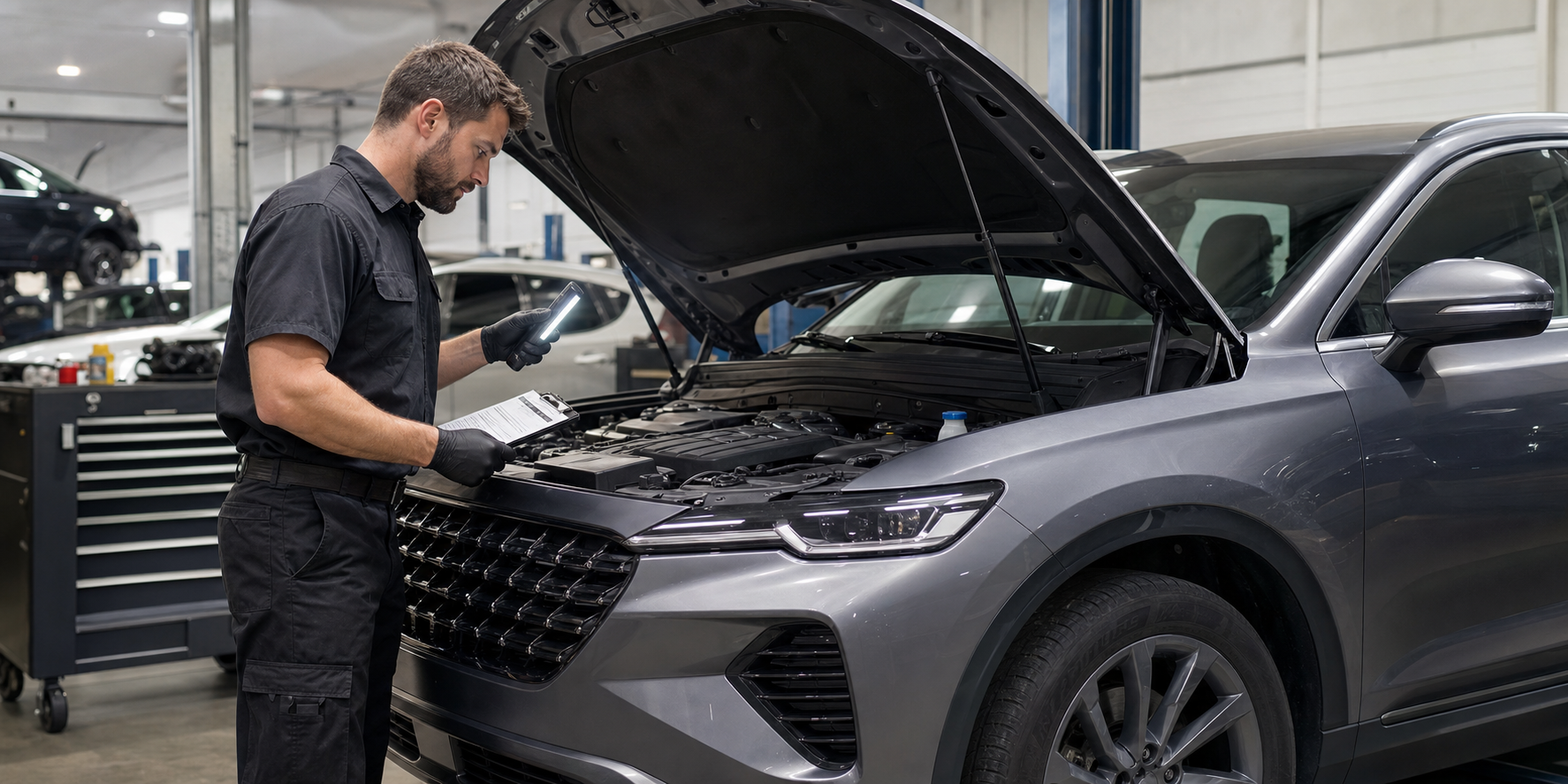 Mec&acirc;nico fazendo revis&atilde;o preventiva completa em um SUV